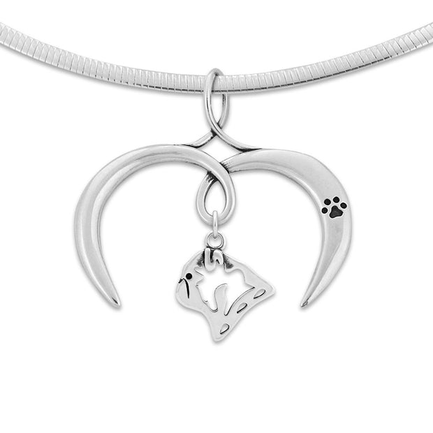Pug Necklace with Open Heart Charm Holder with Paw Print in Sterling Silver on Omega Chain.
