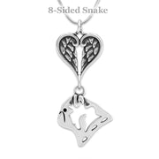 Pug Sympathy Gift Necklace with Heart Shaped Angel Wing Pendant in Sterling Silver on Snake Chain.