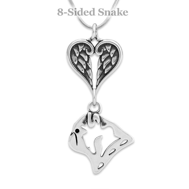 Pug Sympathy Gift Necklace with Heart Shaped Angel Wing Pendant in Sterling Silver on Snake Chain.