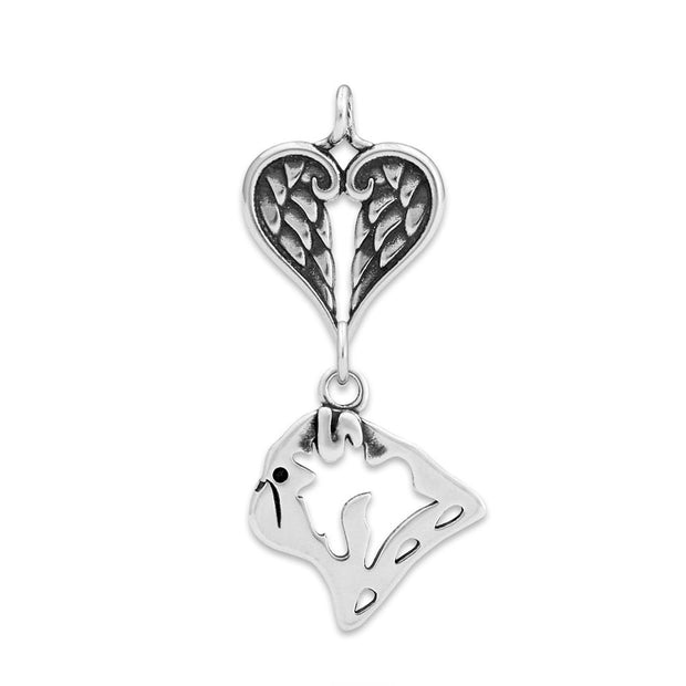 Pug Sympathy Gift Pendant with Heart Shaped Angel Wing Pendant in Sterling Silver.