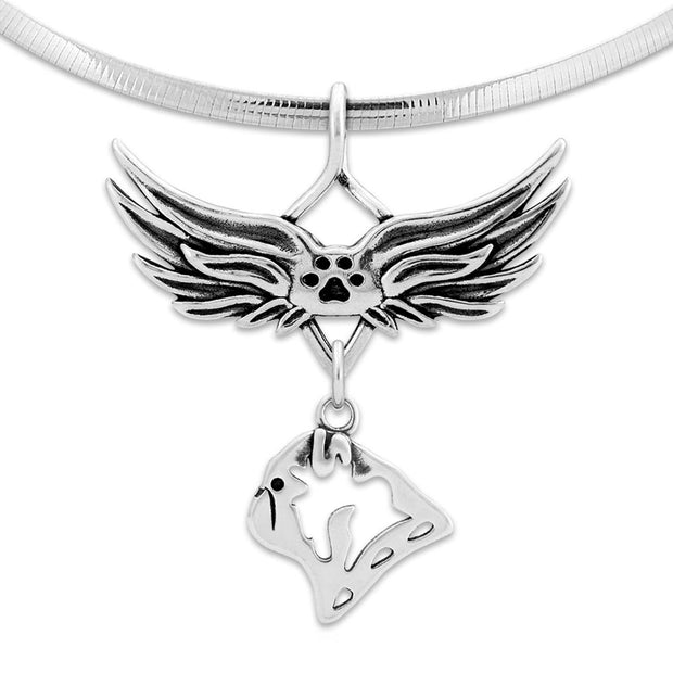 Pug Pet Loss Necklace with Angel Wing Charm Holder with Paw Print in 
Sterling Silver on Omega Chain.