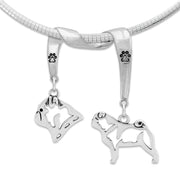 Pug Necklace Head and Body Designs on Paw Print Charm Holder in Sterling Silver on Omega Chain.