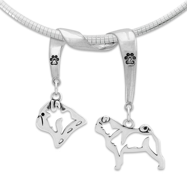 Pug Necklace Head and Body Designs on Paw Print Charm Holder in Sterling Silver on Omega Chain.
