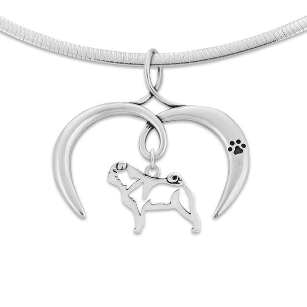 Pug Necklace with Open Heart Charm Holder with Paw Print in Sterling Silver on Omega Chain.