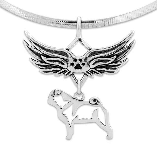 Pug Pet Loss Necklace with Angel Wing Charm Holder with Paw Print in Sterling Silver on Omega Chain.