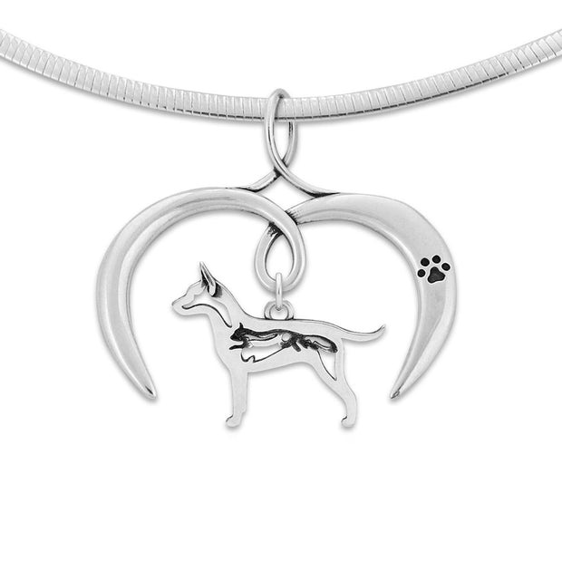 Rat Terrier Necklace with Open Heart Charm Holder with Paw Print in Sterling Silver on Omega Chain.