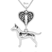 Rat Terrier Sympathy Gift Necklace with Heart Shaped Angel Wing Pendant in Sterling Silver on Box Chain.