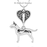 Rat Terrier Sympathy Gift Necklace with Heart Shaped Angel Wing Pendant in Sterling Silver on Snake Chain.