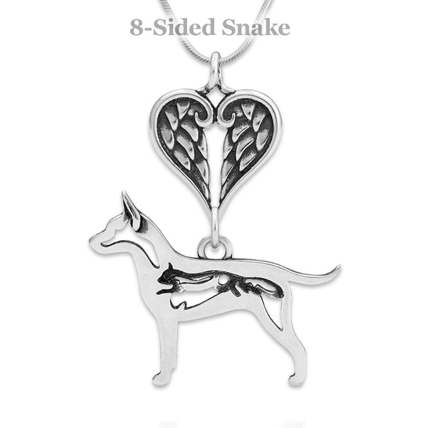 Rat Terrier Sympathy Gift Necklace with Heart Shaped Angel Wing Pendant in Sterling Silver on Snake Chain.