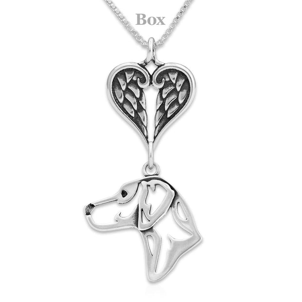 Rhodesian Ridgeback Sympathy Gift Necklace with Heart Shaped Angel Wing Pendant in Sterling Silver on Box Chain.