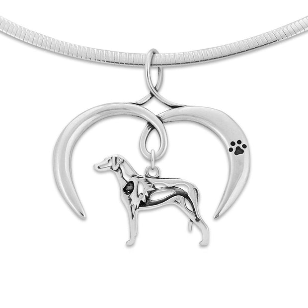 Rhodesian Ridgeback Necklace with Open Heart Charm Holder with Paw Print in Sterling Silver on Omega Chain.
