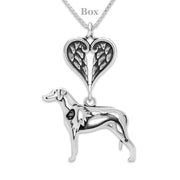 Rhodesian Ridgeback Sympathy Gift Necklace with Heart Shaped Angel Wing Pendant in Sterling Silver on Box Chain.