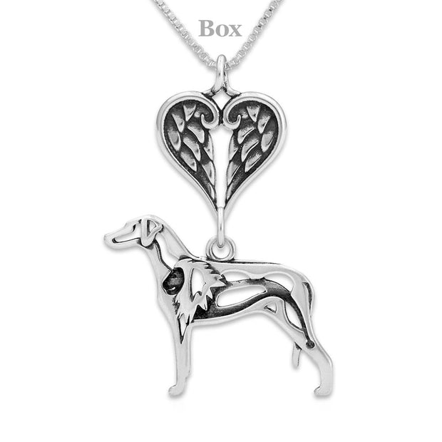 Rhodesian Ridgeback Sympathy Gift Necklace with Heart Shaped Angel Wing Pendant in Sterling Silver on Box Chain.