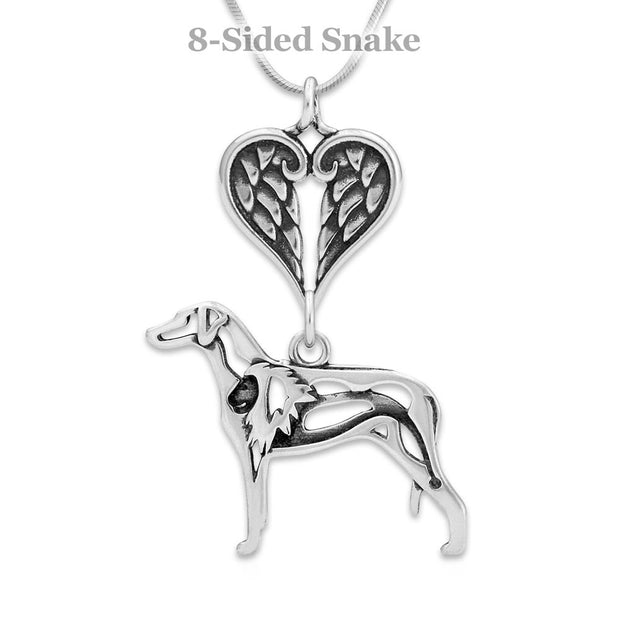 Rhodesian Ridgeback Sympathy Gift Necklace with Heart Shaped Angel Wing Pendant in Sterling Silver on Snake Chain.