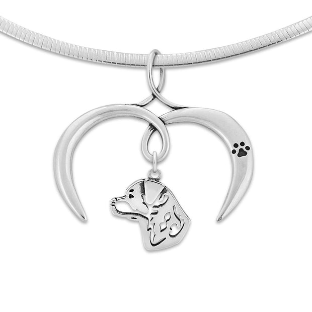 Rottweiler Necklace with Open Heart Charm Holder with Paw Print in Sterling Silver on Omega Chain.