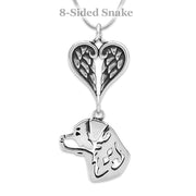 Rottweiler Sympathy Gift Necklace with Heart Shaped Angel Wing Pendant in Sterling Silver on Snake Chain.