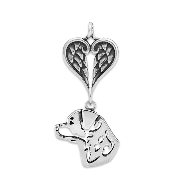 Rottweiler Sympathy Gift Pendant with Heart Shaped Angel Wing Pendant in Sterling Silver.