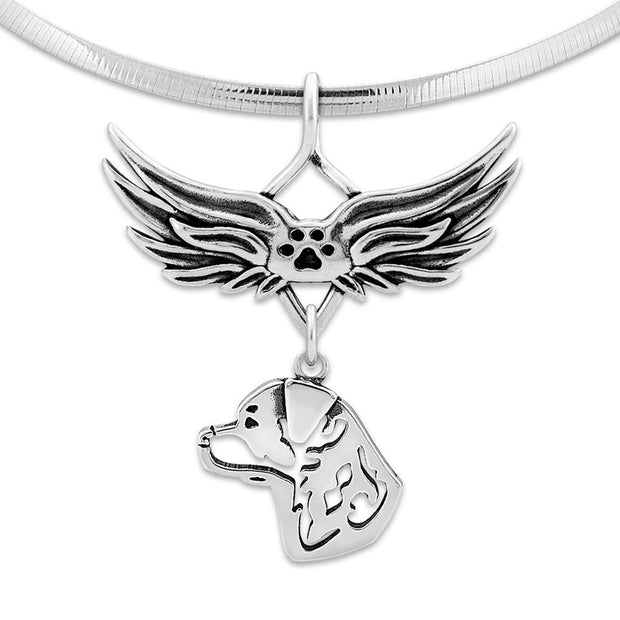 Rottweiler Pet Loss Necklace with Angel Wing Charm Holder with Paw Print in Sterling Silver on Omega Chain.