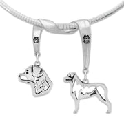 Rottweiler Necklace Head and Body Designs on Paw Print Charm Holder in Sterling Silver on Omega Chain.