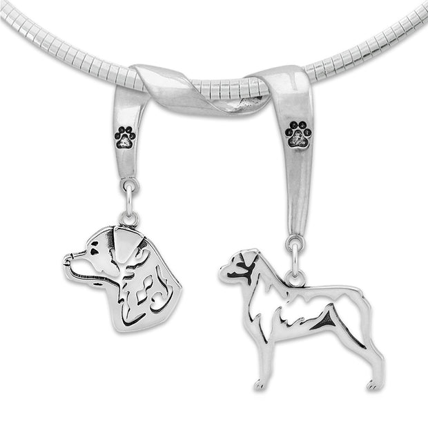Rottweiler Necklace Head and Body Designs on Paw Print Charm Holder in Sterling Silver on Omega Chain.