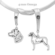 Rottweiler Necklace Head and Body Designs on Paw Print Charm Holder in Sterling Silver on Omega Chain.
