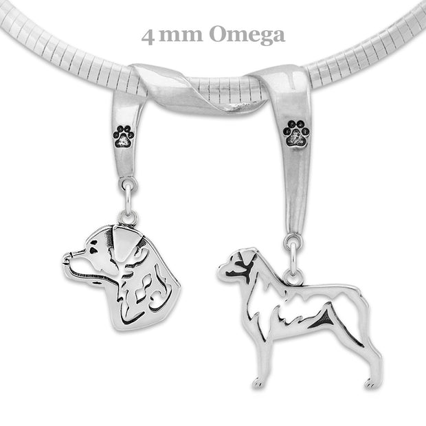 Rottweiler Necklace Head and Body Designs on Paw Print Charm Holder in Sterling Silver on Omega Chain.