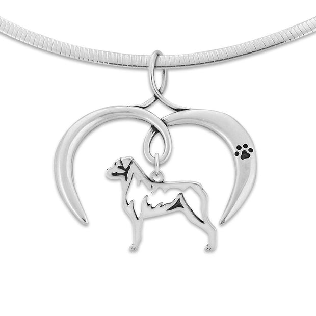 Rottweiler Necklace with Open Heart Charm Holder with Paw Print in Sterling Silver on Omega Chain.