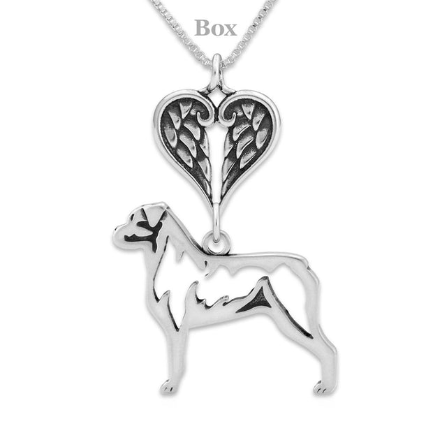 Rottweiler Sympathy Gift Necklace with Heart Shaped Angel Wing Pendant in Sterling Silver on Box Chain.