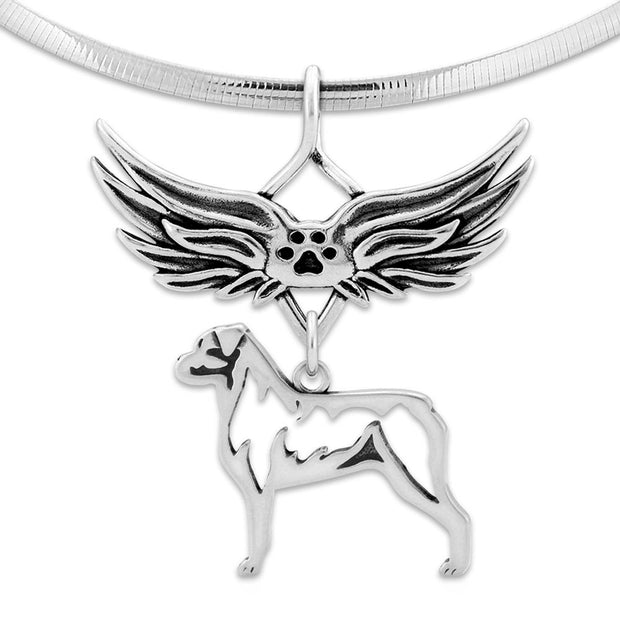 Rottweiler Pet Loss Necklace with Angel Wing Charm Holder with Paw Print in Sterling Silver on Omega Chain.