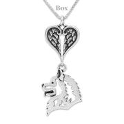 Samoyed Sympathy Gift Necklace with Heart Shaped Angel Wing Pendant in Sterling Silver on Box Chain.