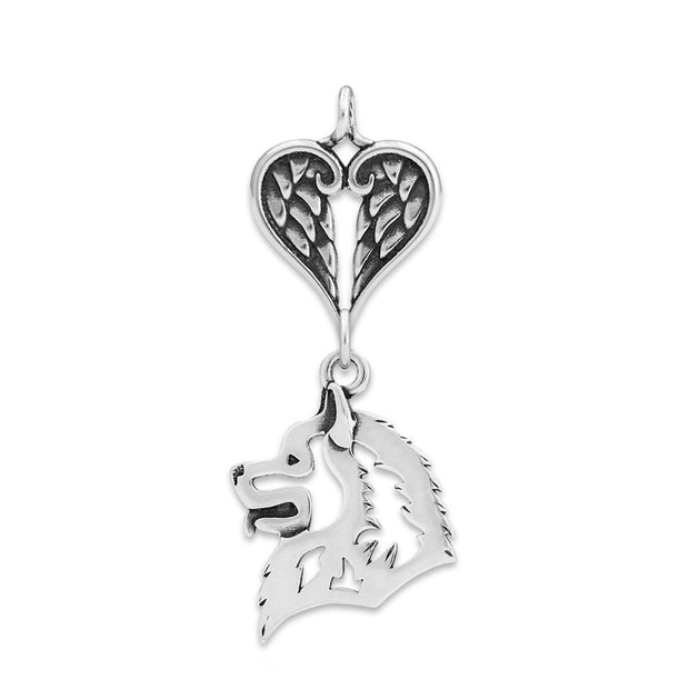 Samoyed Sympathy Gift Pendant with Heart Shaped Angel Wing Pendant in Sterling Silver.