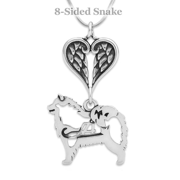 Samoyed Sympathy Gift Necklace with Heart Shaped Angel Wing Pendant in Sterling Silver on Snake Chain.