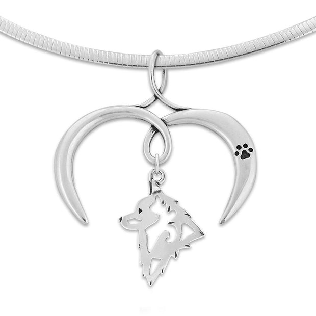 Schipperke Necklace with Open Heart Charm Holder with Paw Print in Sterling Silver on Omega Chain.