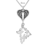 Schipperke Sympathy Gift Necklace with Heart Shaped Angel Wing Pendant in Sterling Silver on Box Chain.