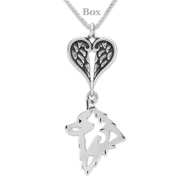 Schipperke Sympathy Gift Necklace with Heart Shaped Angel Wing Pendant in Sterling Silver on Box Chain.