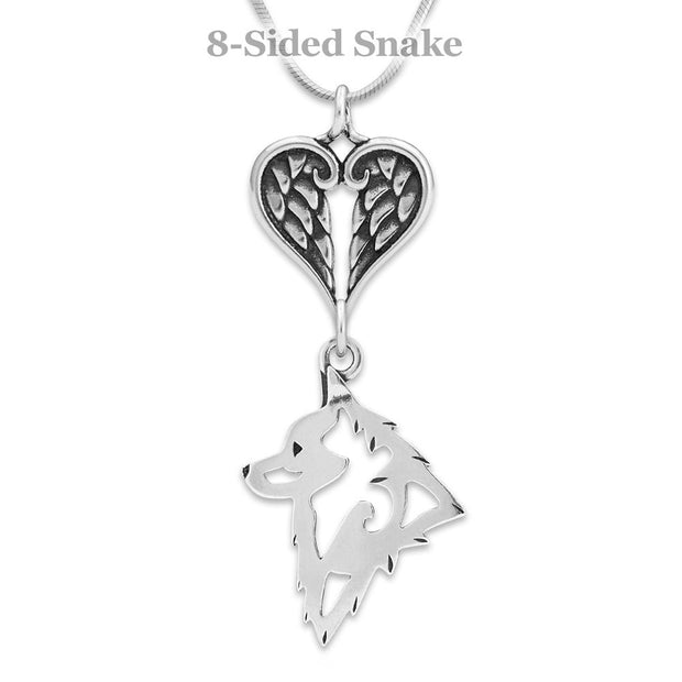 Schipperke Sympathy Gift Necklace with Heart Shaped Angel Wing Pendant in Sterling Silver on Snake Chain.