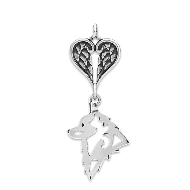 Schipperke Sympathy Gift Pendant with Heart Shaped Angel Wing Pendant in Sterling Silver.