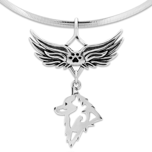 Schipperke Pet Loss Necklace with Angel Wing Charm Holder with Paw Print in Sterling Silver on Omega Chain.