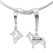 Schipperke Necklace Head and Body Designs on Paw Print Charm Holder in Sterling Silver on Omega Chain.