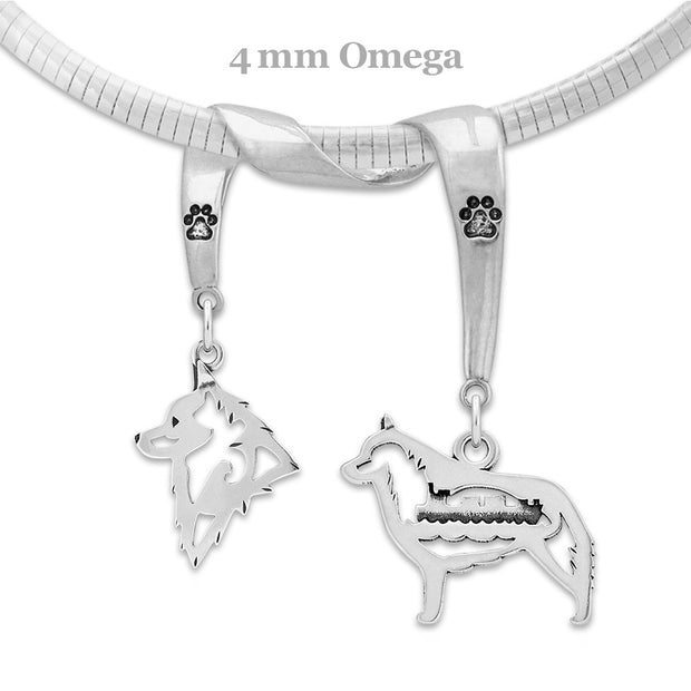 Schipperke Necklace Head and Body Designs on Paw Print Charm Holder in Sterling Silver on Omega Chain.