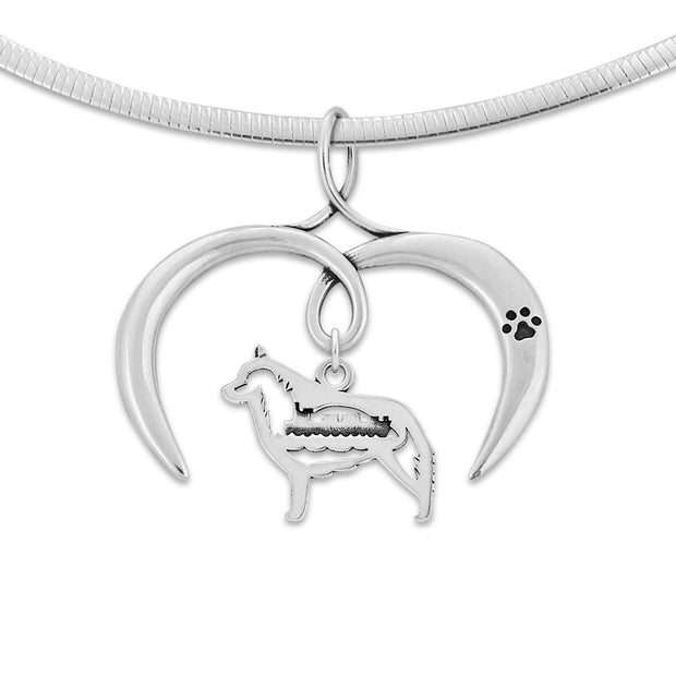 Schipperke Necklace with Open Heart Charm Holder with Paw Print in Sterling Silver on Omega Chain.