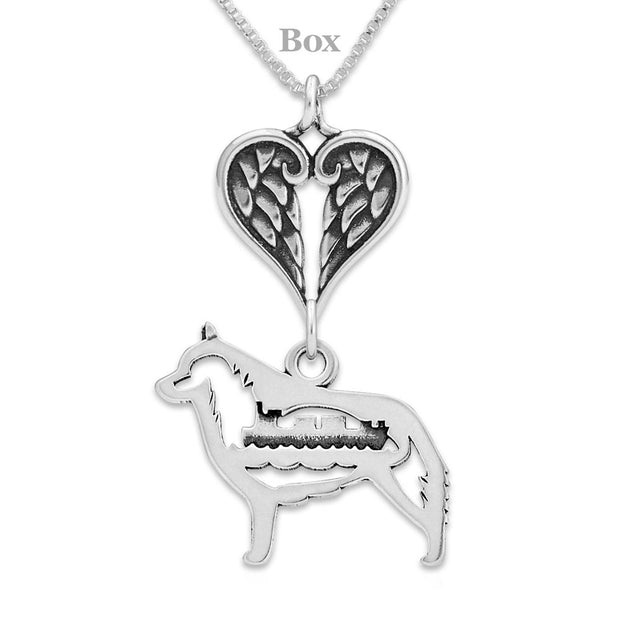 Schipperke Sympathy Gift Necklace with Heart Shaped Angel Wing Pendant in Sterling Silver on Box Chain.