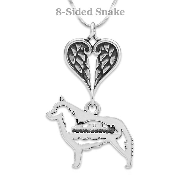 Schipperke Sympathy Gift Necklace with Heart Shaped Angel Wing Pendant in Sterling Silver on Snake Chain.