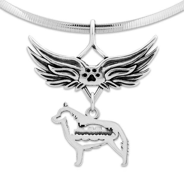 Schipperke Pet Loss Necklace with Angel Wing Charm Holder with Paw Print in Sterling Silver on Omega Chain.