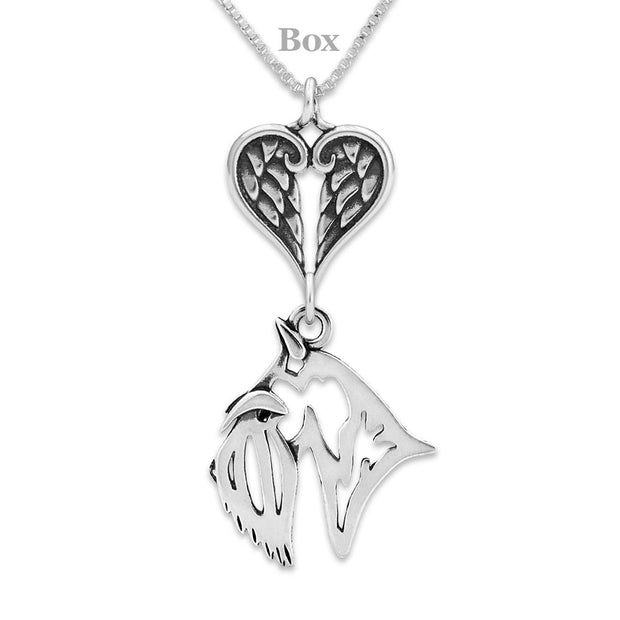 Scottish Terrier Sympathy Gift Necklace with Heart Shaped Angel Wing Pendant in Sterling Silver on Box Chain.