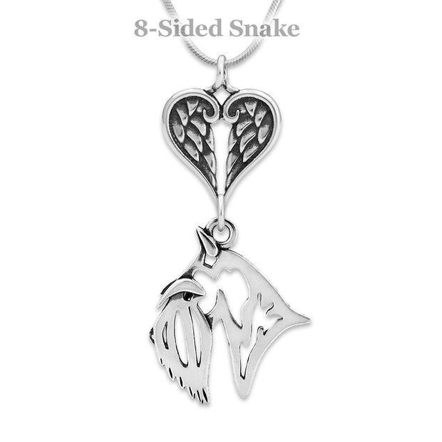 Scottish Terrier Sympathy Gift Necklace with Heart Shaped Angel Wing Pendant in Sterling Silver on Snake Chain.