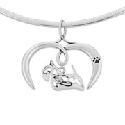 Scottish Terrier Necklace with Open Heart Charm Holder with Paw Print in Sterling Silver on Omega Chain.