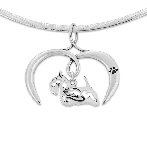 Scottish Terrier Necklace with Open Heart Charm Holder with Paw Print in Sterling Silver on Omega Chain.