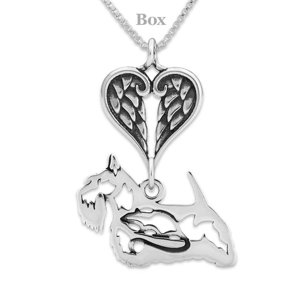 Scottish Terrier Sympathy Gift Necklace with Heart Shaped Angel Wing Pendant in Sterling Silver on Box Chain.