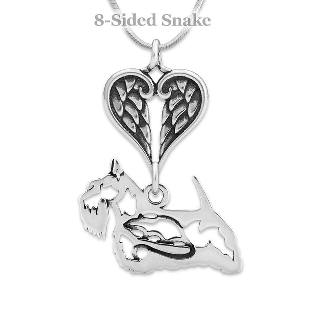 Scottish Terrier Sympathy Gift Necklace with Heart Shaped Angel Wing Pendant in Sterling Silver on Snake Chain.